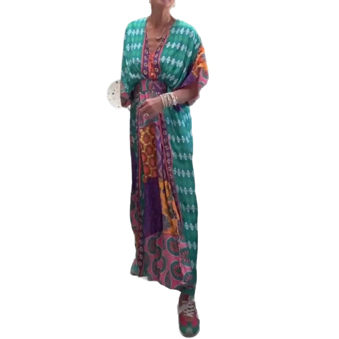 Damen Viskose Maxikleid mit buntem Patchwork-Design und weiten Ärmeln Sovae