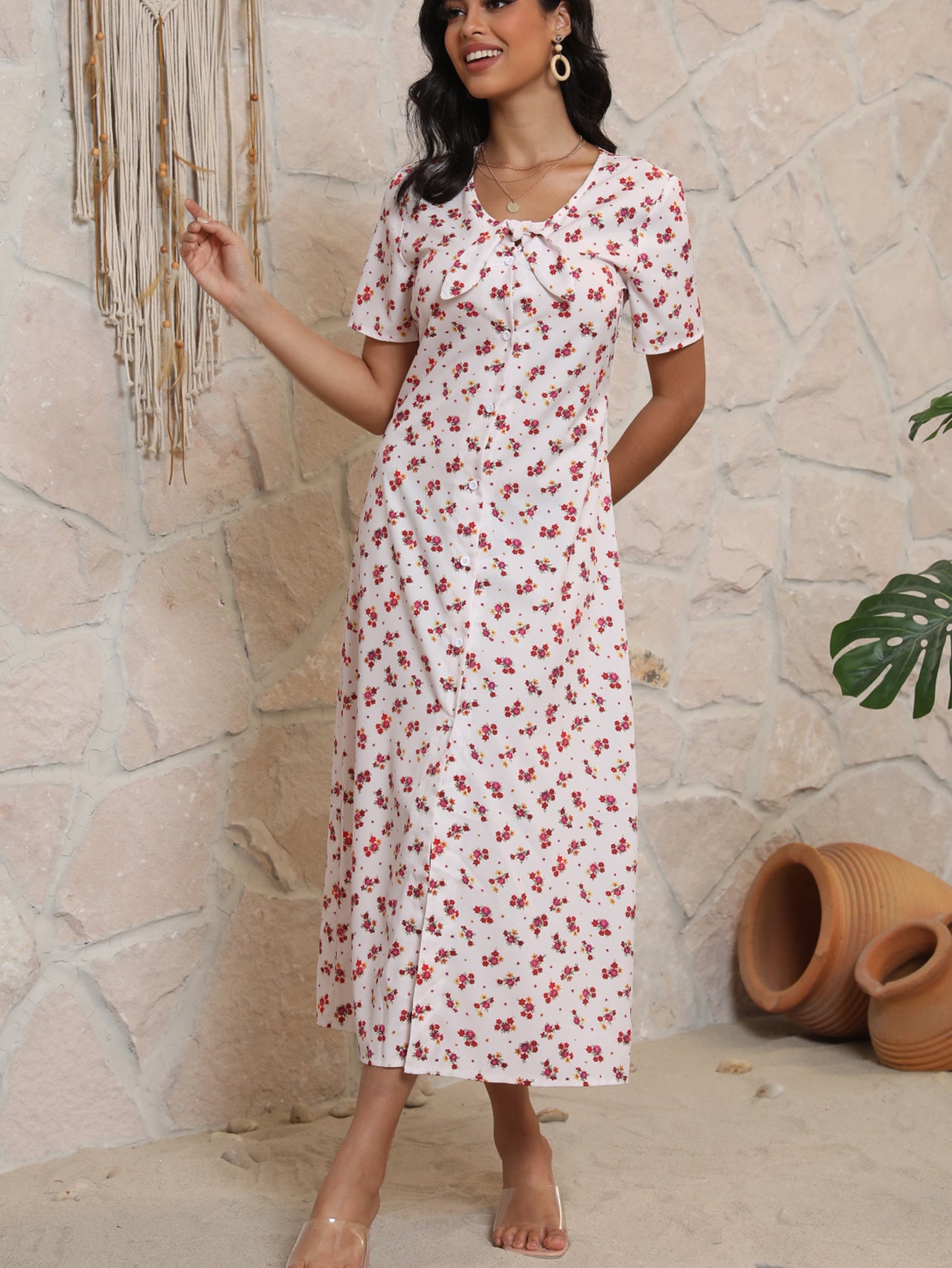 Damen Midi-Kleid mit floralem Muster und eleganter Schleife Sovae