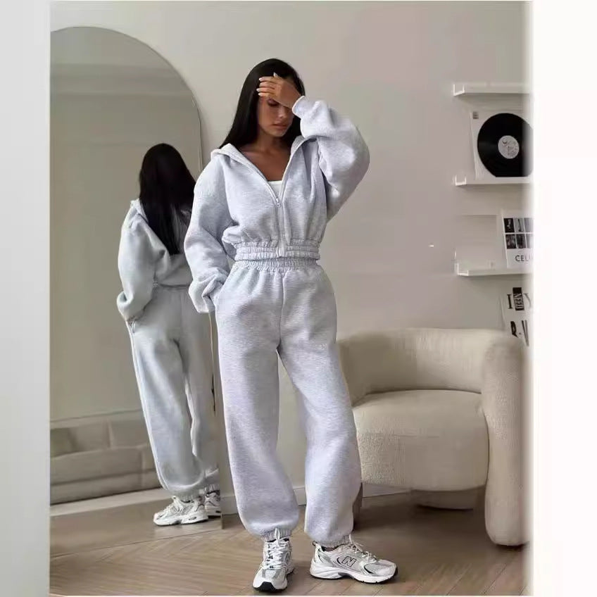 Damen kuscheliger Zip-Hoodie und Jogginghose Set Sovae