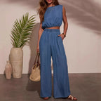 Damen lässiger Denim Jumpsuit mit cropped Oberteil Sovae