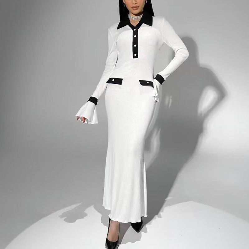 Damen elegantes Maxikleid mit Kragen und nostalgischem Knopfdesign Sovae