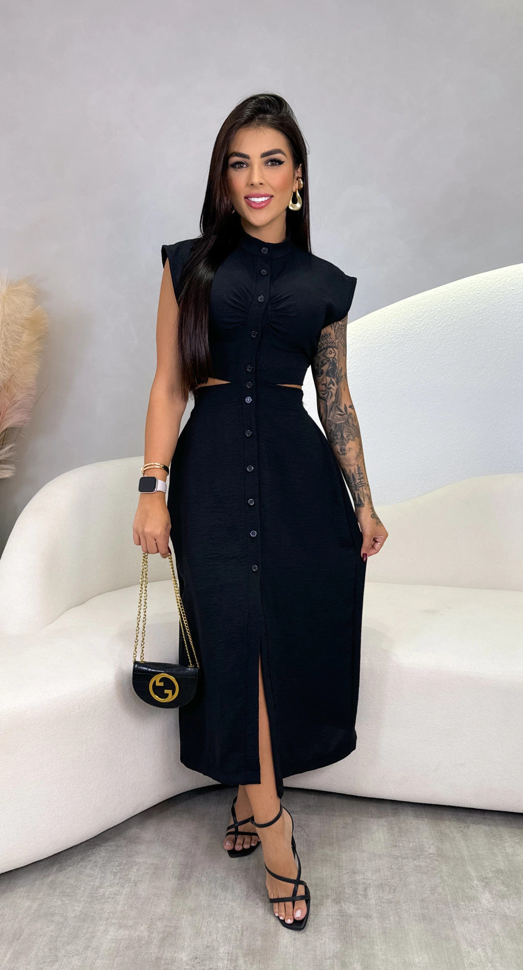 Damen Midikleid mit Knopfleiste und Cut-Out-Details Sovae