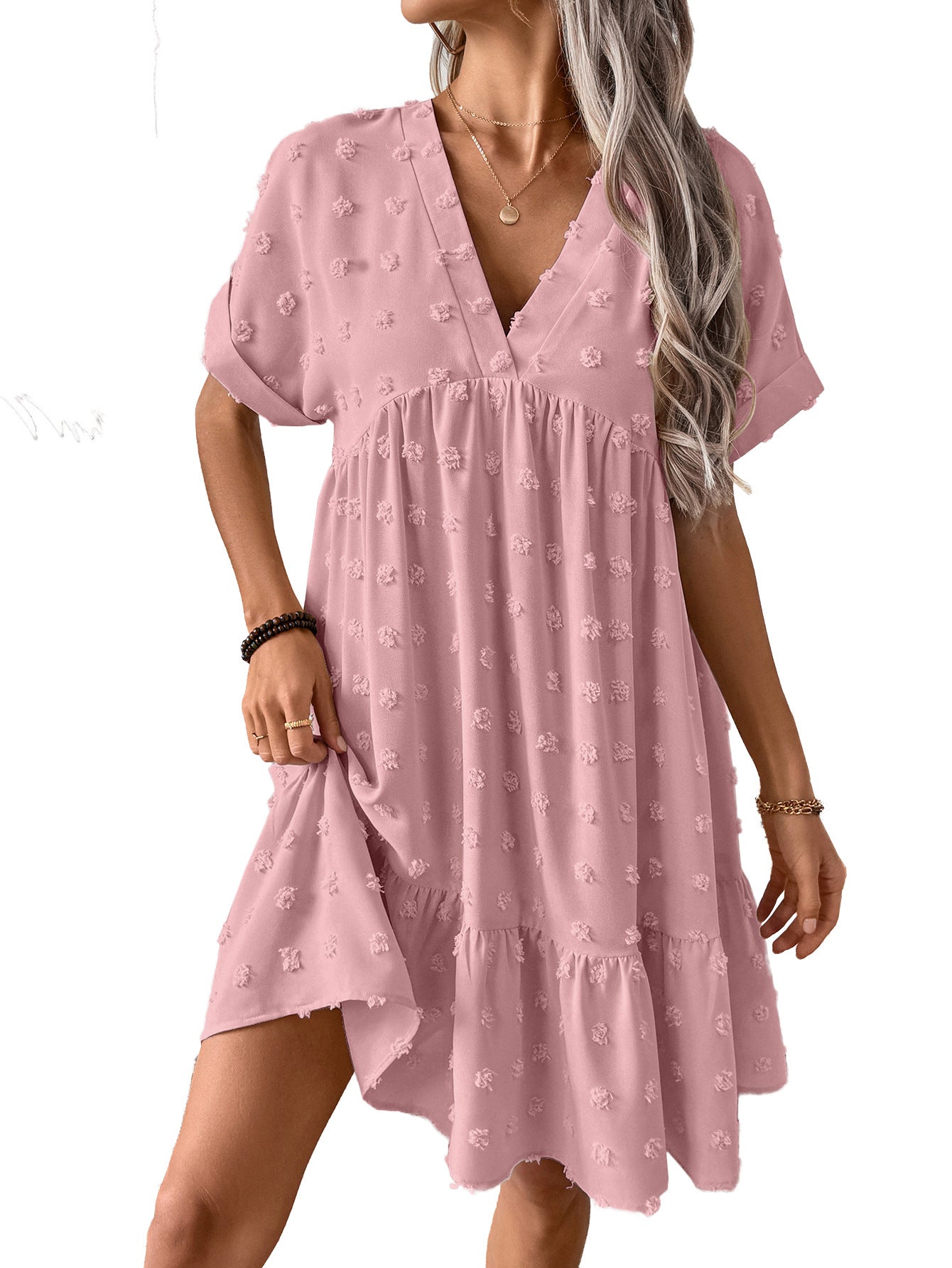 Damen luftiges Kurzarmkleid mit V-Ausschnitt und Rüschendetails Sovae