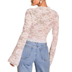 Damen Spitzenbluse mit V-Ausschnitt und glockigen Ärmeln Sovae