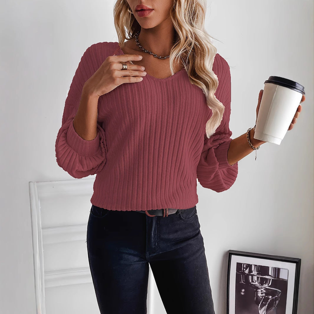 Damen lässiger Rippenpullover mit V-Ausschnitt Sovae