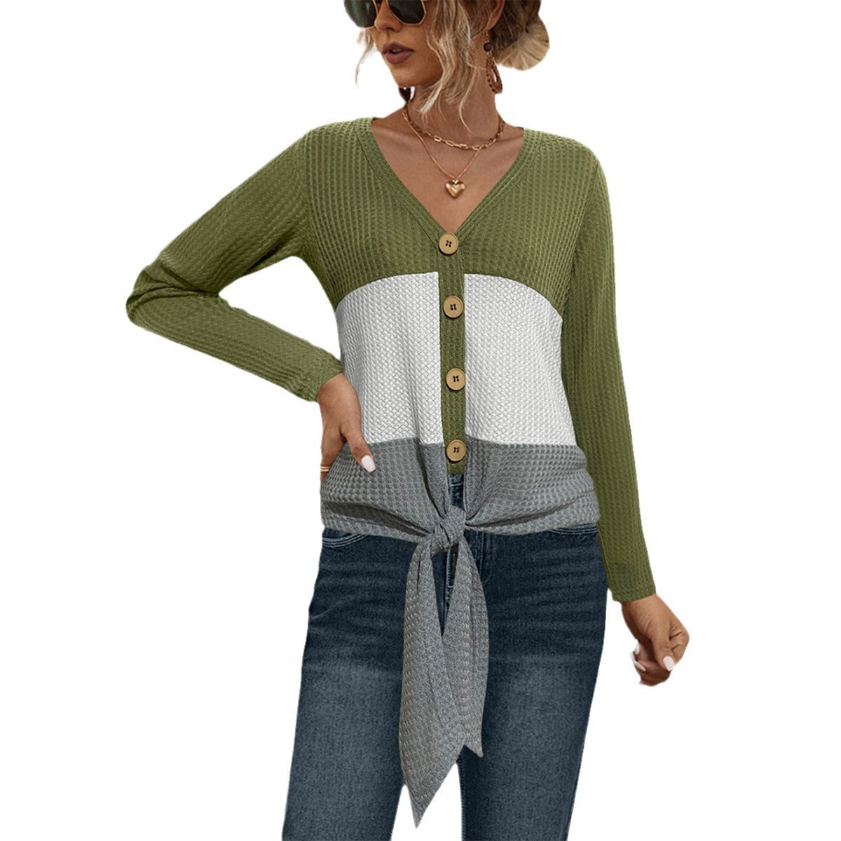 Damen Strickjacke mit bindbarem Detail und gestreiftem Muster Sovae