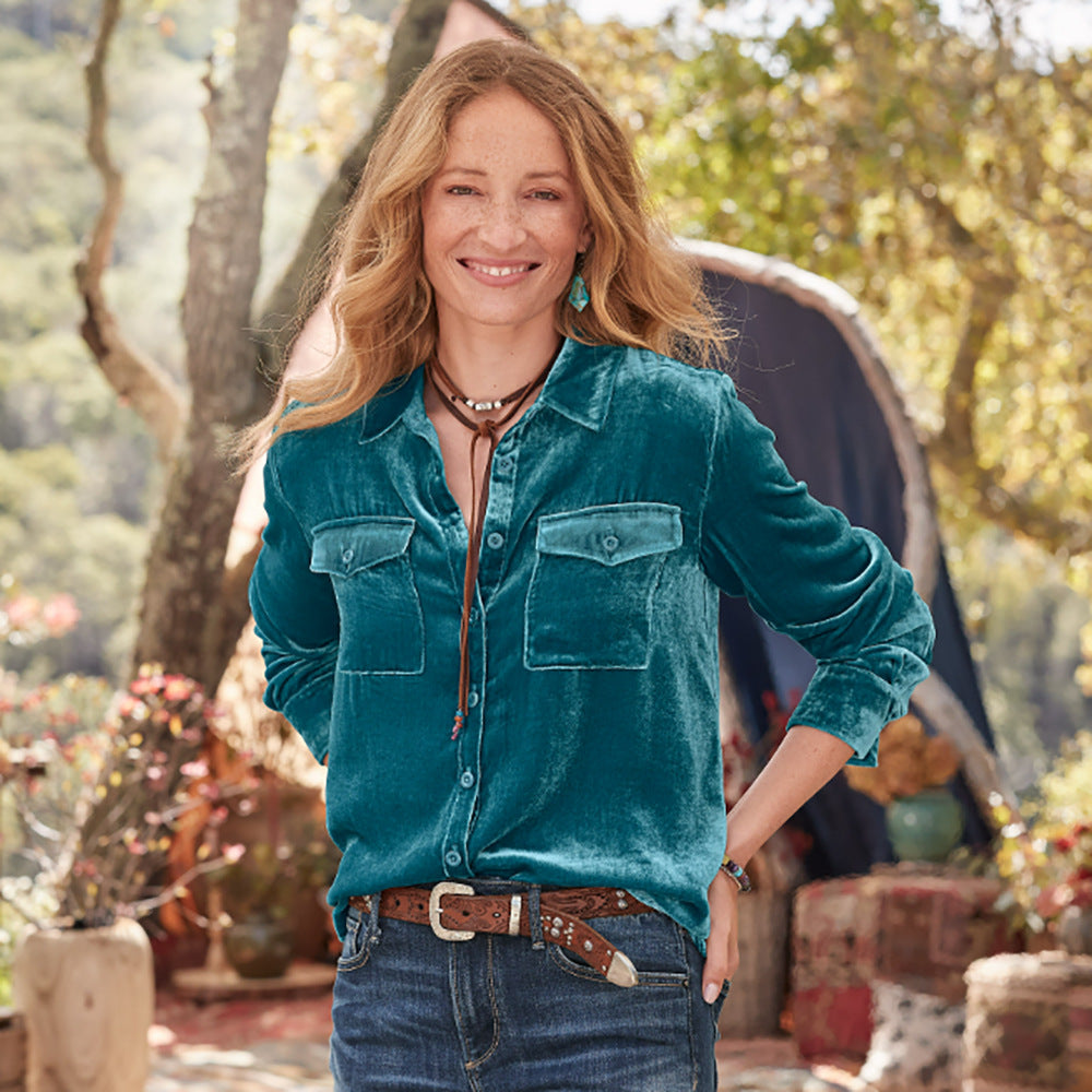 Damen Veloursbluse mit dekorativen Taschen Sovae