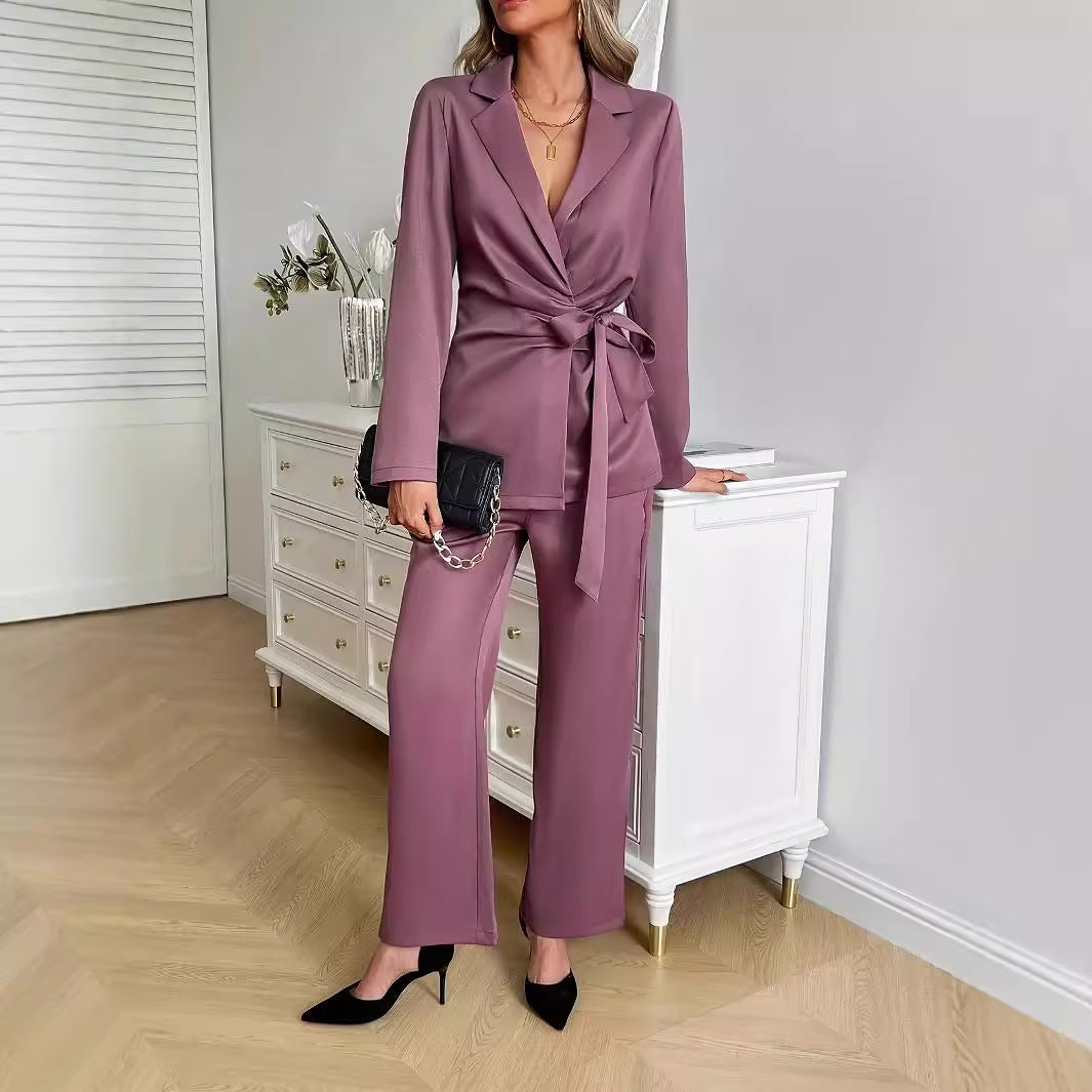 Damen elegantes Zweiteiler-Set mit tailliertem Blazer und weitem Hosen Sovae