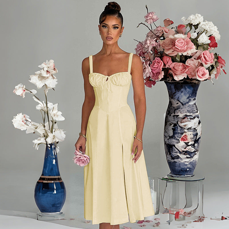 Damen Sommerliches Midi-Kleid mit Raffungen und Seitenschlitzen Sovae