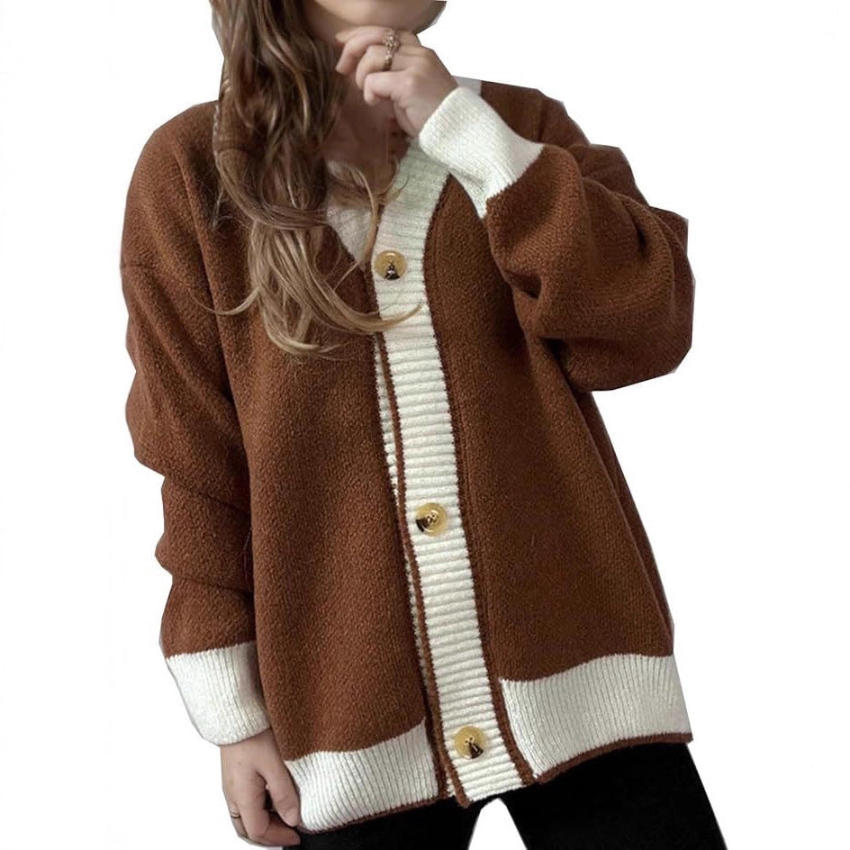 Damen lässige Strickjacke mit kontrastierenden Bündchen und dezenter Knopfleiste Sovae