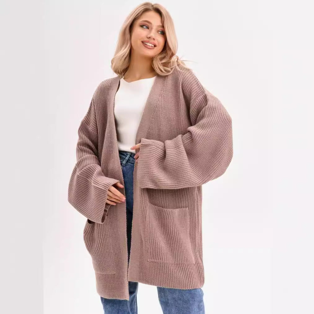 Damen Großer Strickcardigan mit voluminösen Ärmeln und praktischen Taschen Sovae