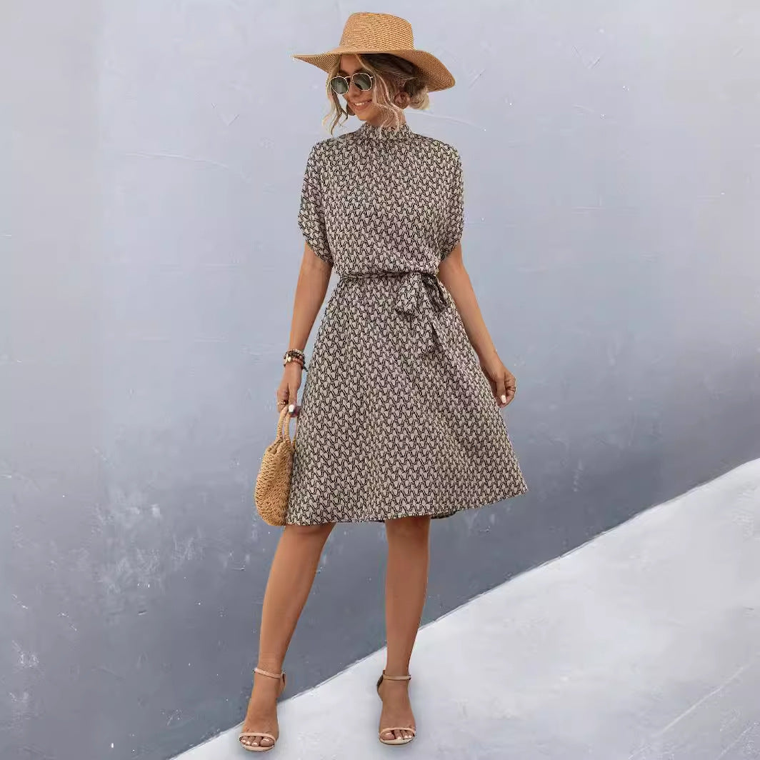 Damen Midikleid mit Gummizug und hochgeschlossenem Kragen Sovae