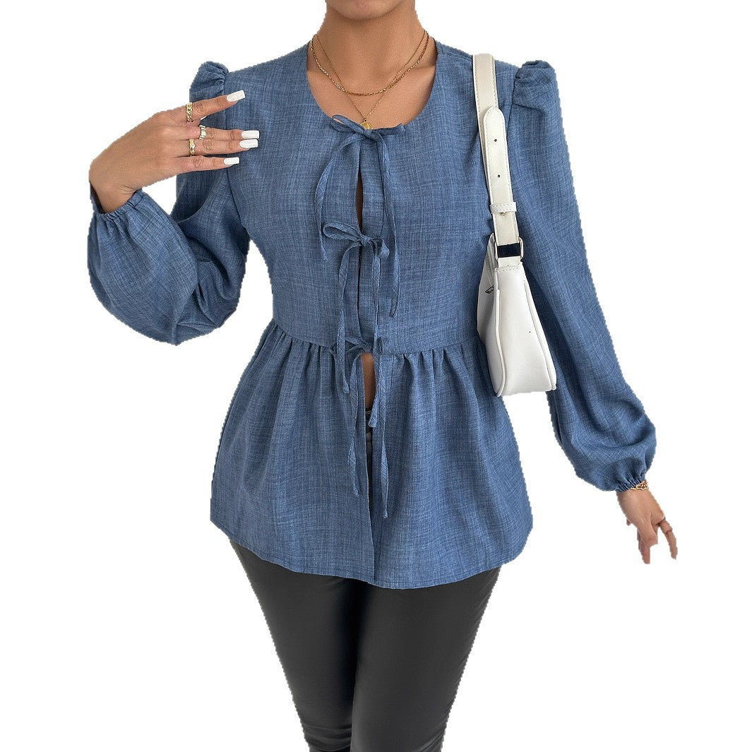 Damen Bluse mit geraffter Taille und ballonförmigen Ärmeln Sovae