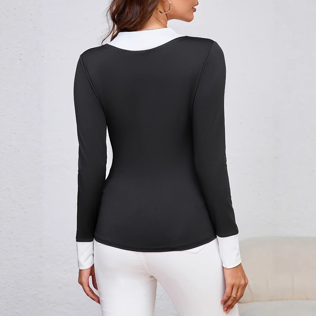 Damen Langarmbody mit V-Ausschnitt und kontrastierenden Ärmel Sovae