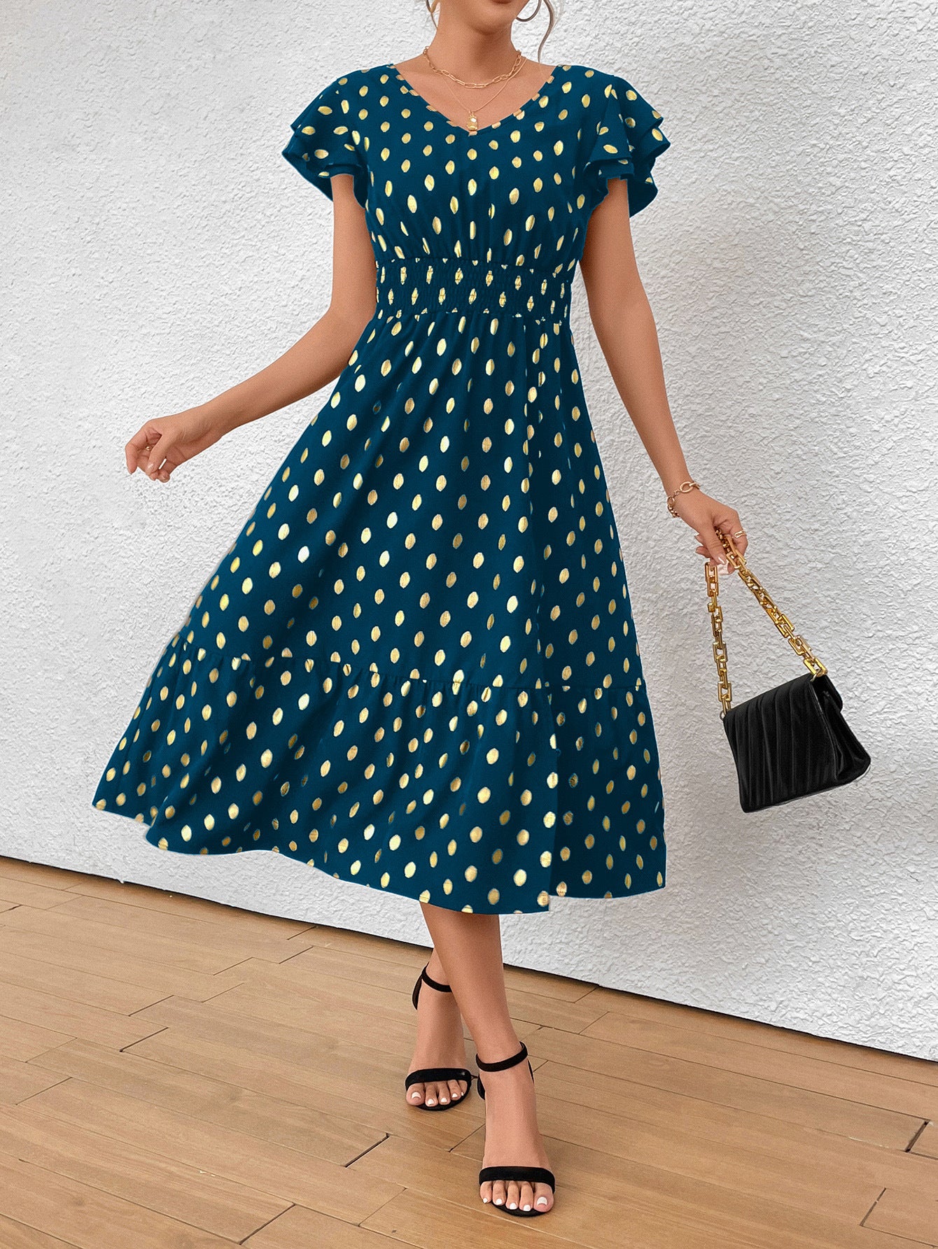Damen Midikleid mit Rüschendetails und goldenen Punkten Sovae