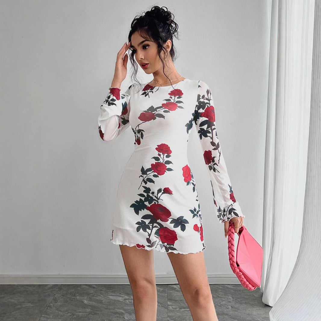 Damen Floral Minikleid mit langen Ärmeln Sovae