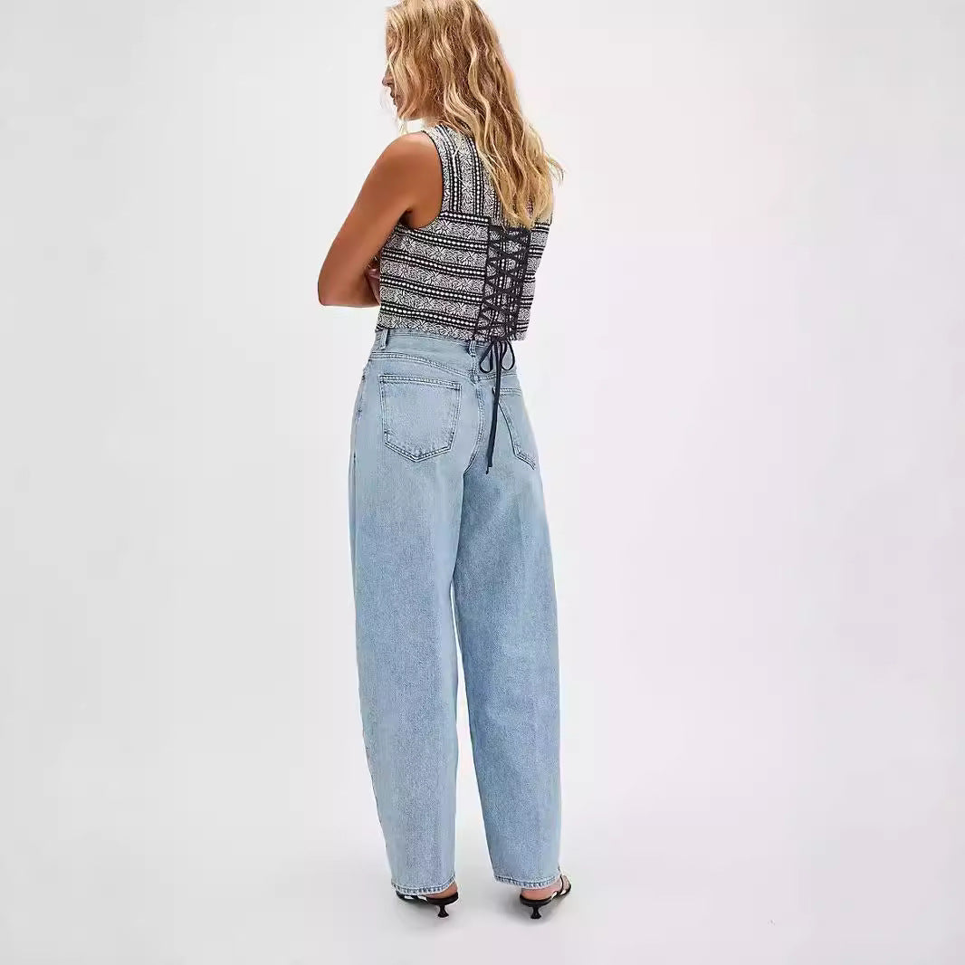 Damen Weit geschnittene Denim-Hose mit elastischem Bund Sovae