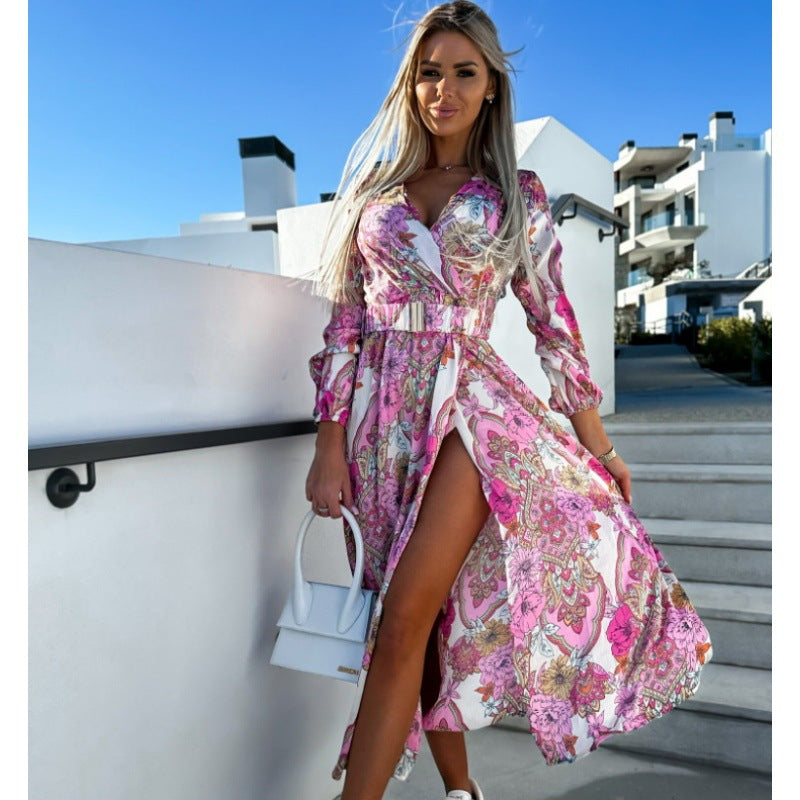 Damen Maxi-Kleid mit tiefem Schlitz und floralem Muster Sovae