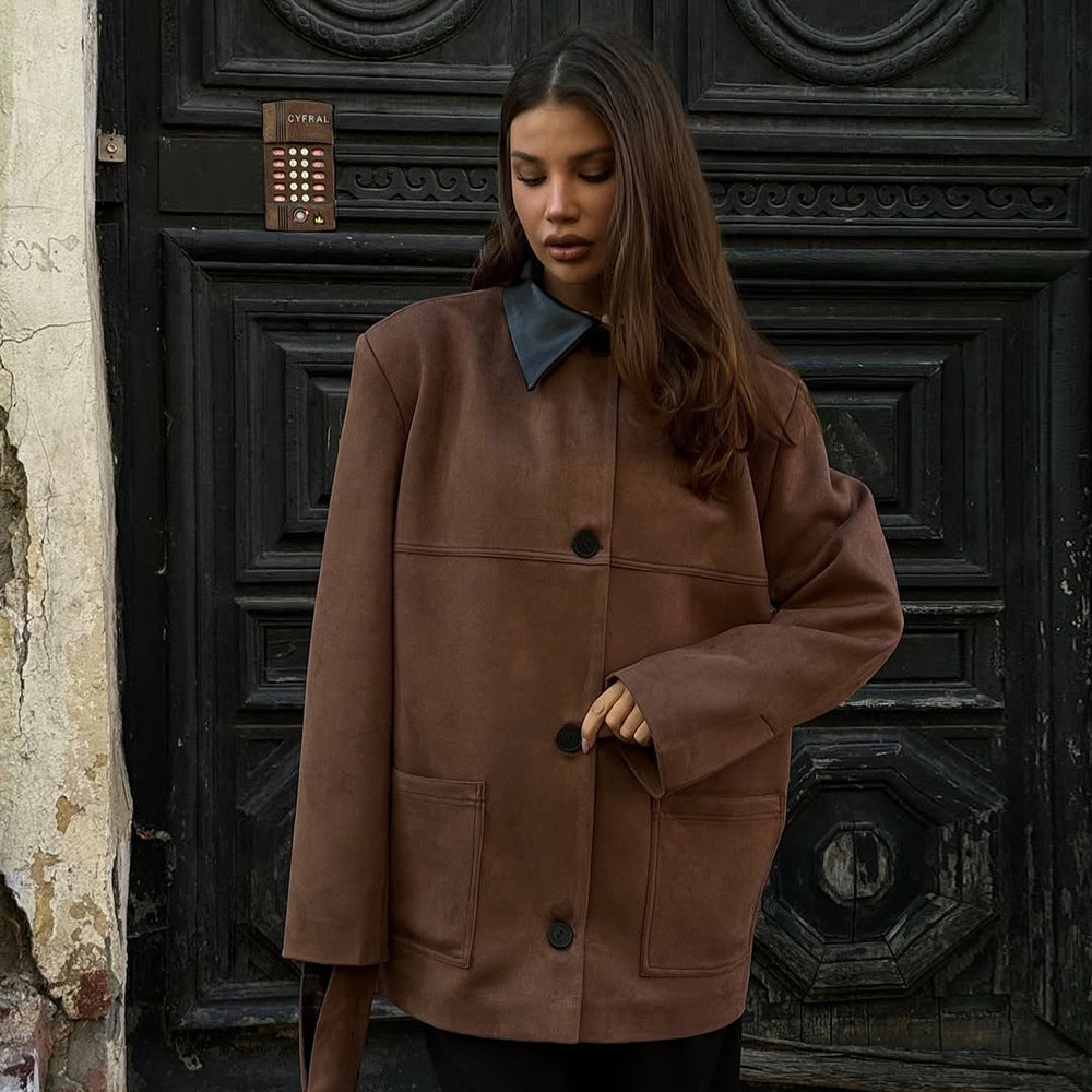 Damen oversized Kunstlederjacke mit schickem Kragen Sovae