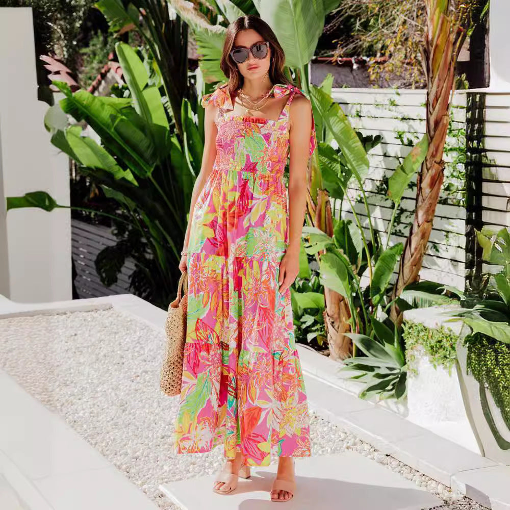 Damen Maxi-Kleid mit floralen Mustern und Trägerdetails Sovae