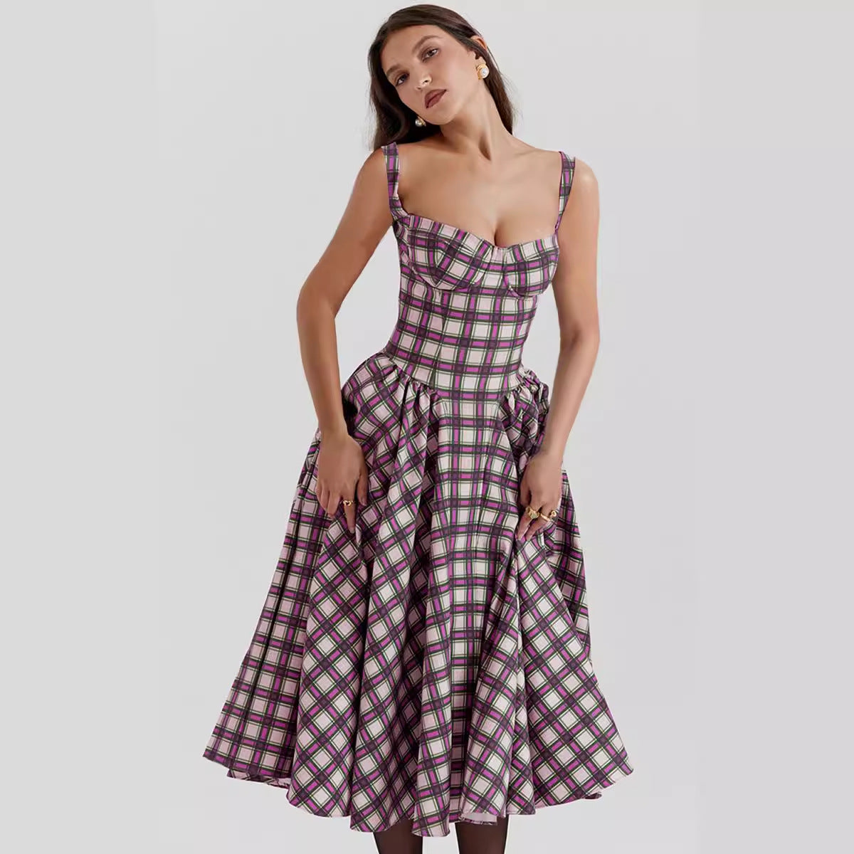 Damen Midikleid mit gerafftem Rock und modernem Karomuster Sovae