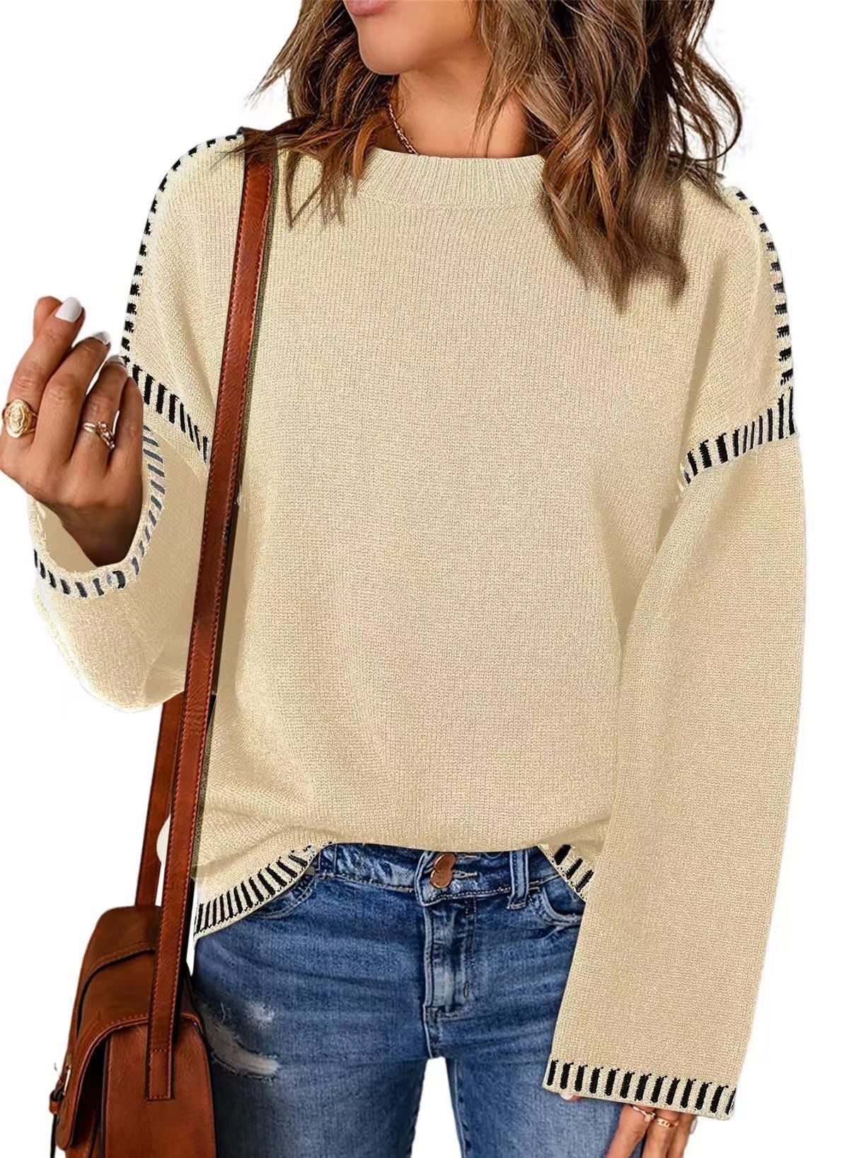 Damen lässiger Strickpullover mit kontrastierenden Bündchen und lässigem Schnitt Sovae