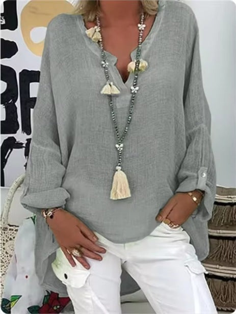 Damen lässiges Leinenbluse mit tiefem V-Ausschnitt und dekorativen Quasten Sovae