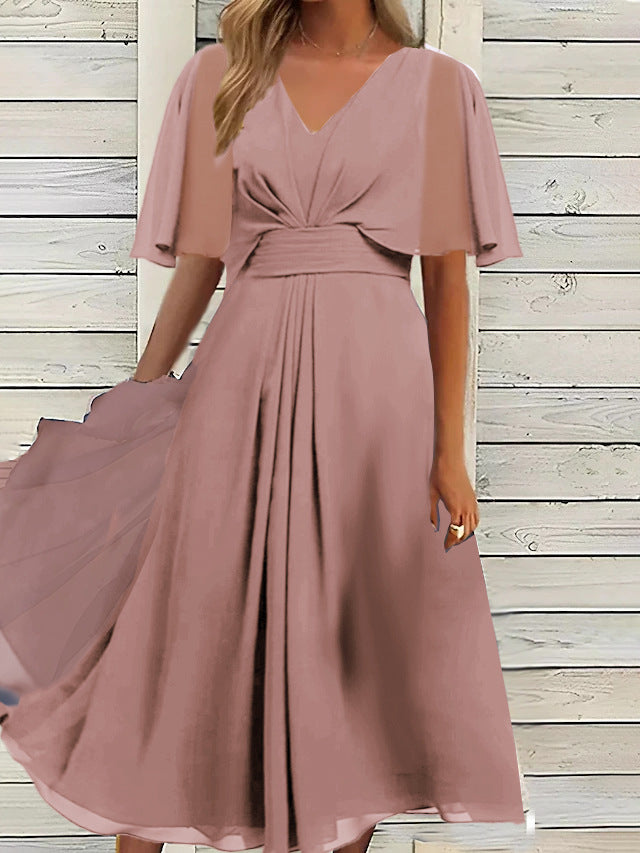 Damen Schwungvolles Elegantes Maxikleid mit femininen Rüsche-Ärmeln und Wickeloptik Sovae