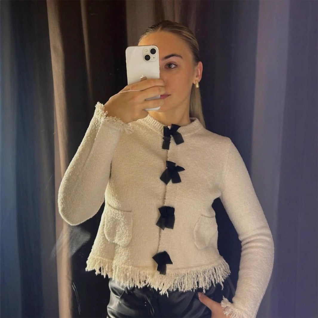 Damen elegante Strickjacke mit dekorativen Schleifen und Fransen Sovae