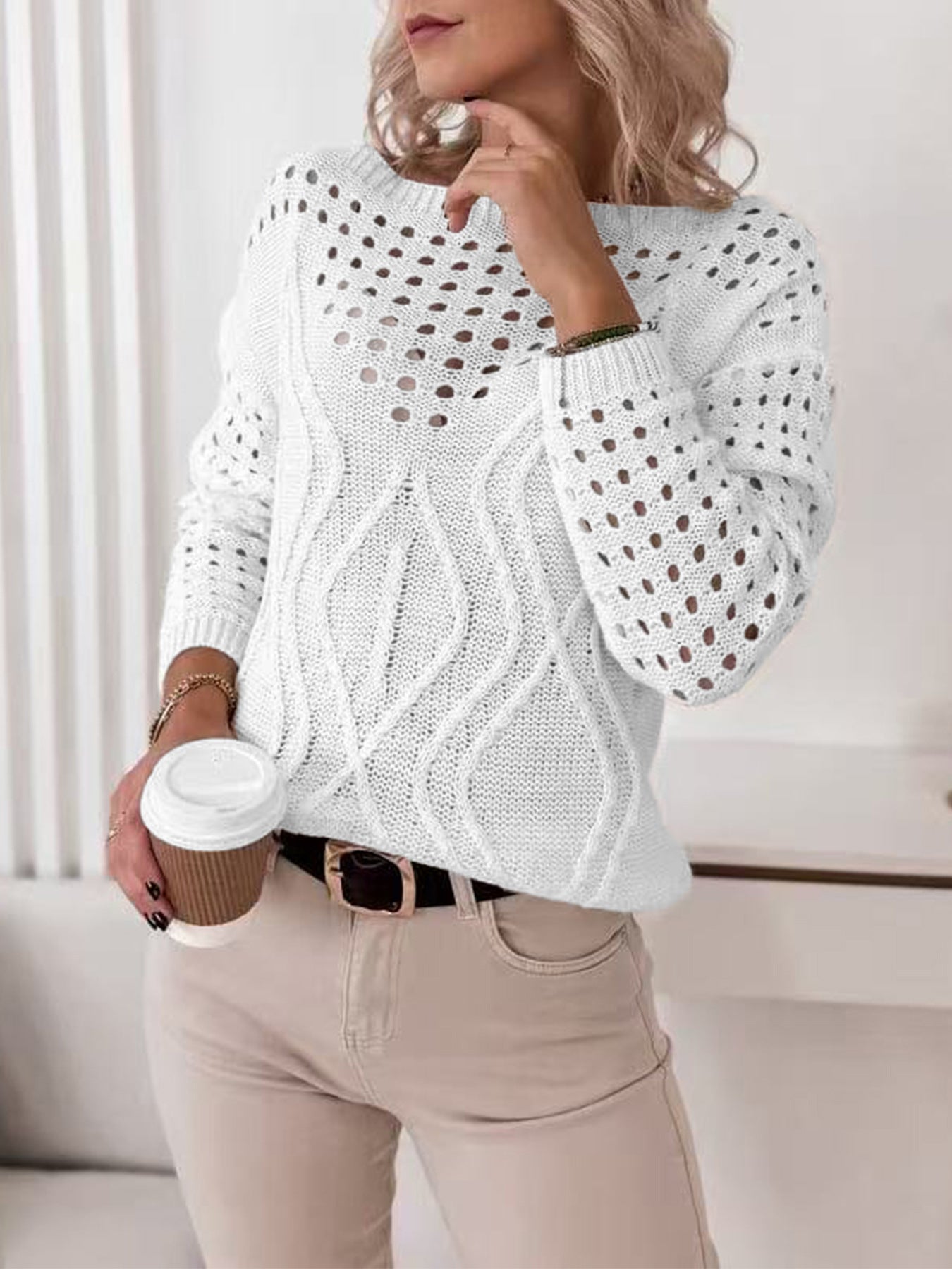 Damen Strickpullover mit luftigen Lochmustern und zartem Zopfdesign Sovae