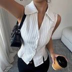 Damen Modische Bluse mit vertikalen Streifen und Knopfdetails Sovae