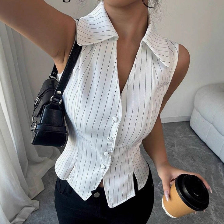 Damen Modische Bluse mit vertikalen Streifen und Knopfdetails Sovae