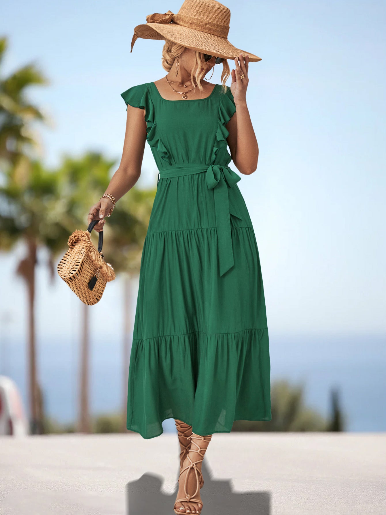 Damen Maxikleid mit Rüschendetails und tailliertem Gürtel Sovae