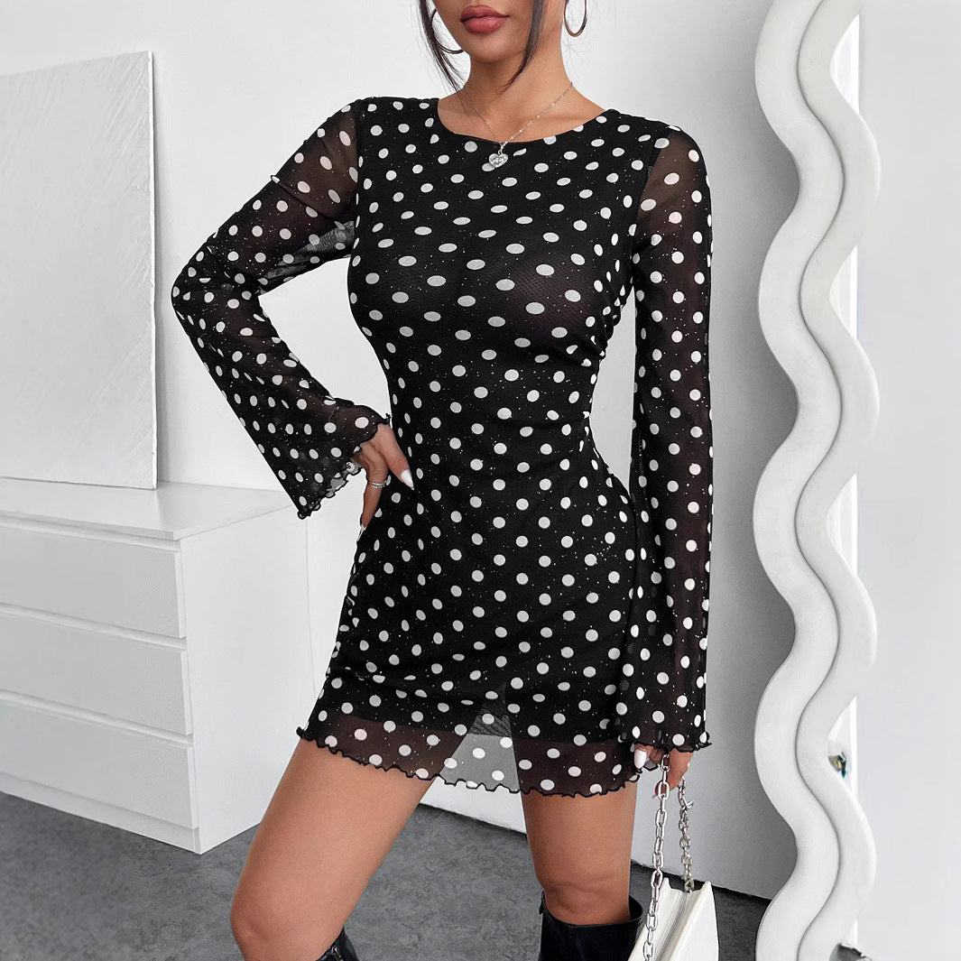 Damen Polka-Dots Minikleid mit langen Ärmeln Sovae
