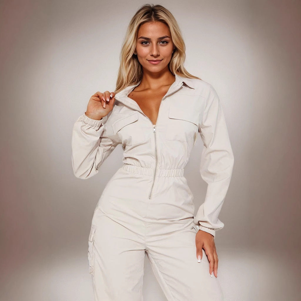 Damen Utility Jumpsuit mit Reißverschluss und Kordelzug Sovae