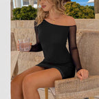Damen Off-Shoulder Minikleid mit transparenten Ärmeln Sovae
