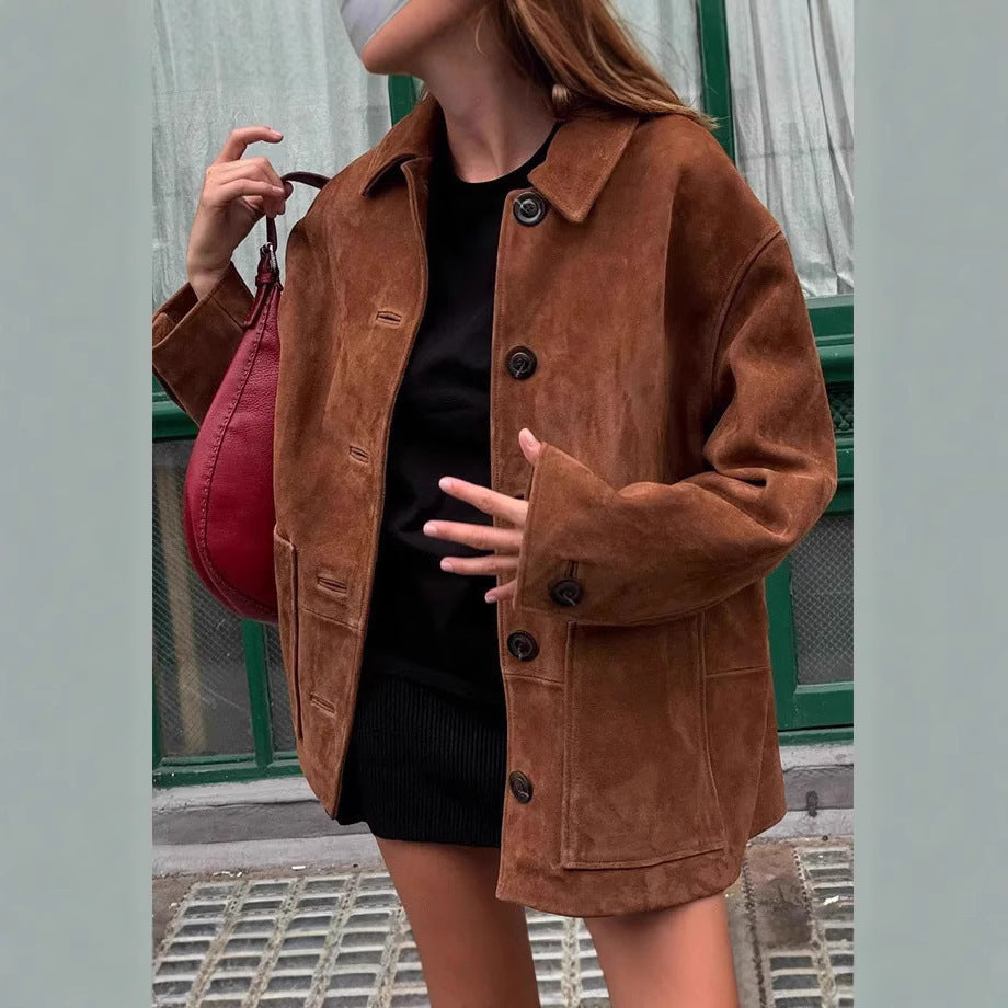 Damen modische Suede-Jacke mit praktischen Taschen Sovae