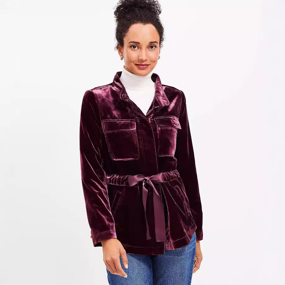 Damen Veloursjacke mit Taillenzug und Taschen Sovae