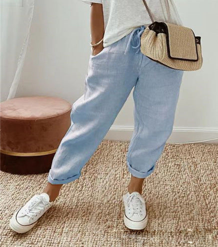 Damen bequeme Leinenhose mit elastischem Bund Sovae