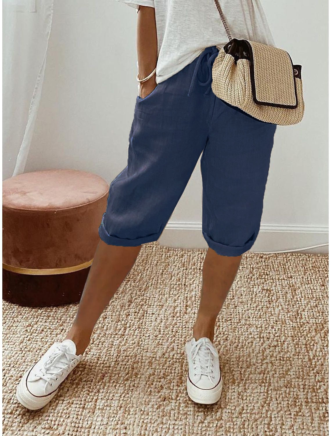 Damen lässige Leinen-Shorts mit elastischem Bund und praktischen Taschen Sovae