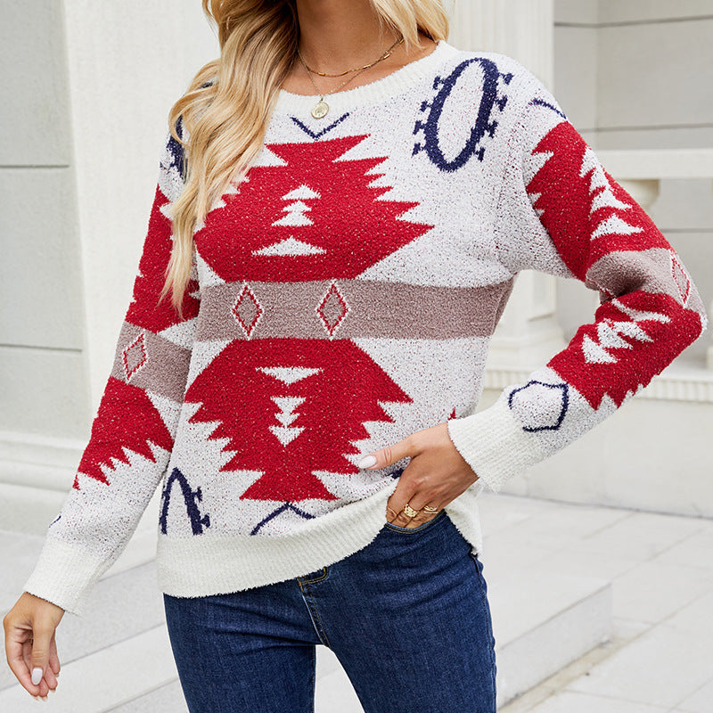 Damen gemusterter Strickpullover mit modernem Ethnomuster Sovae