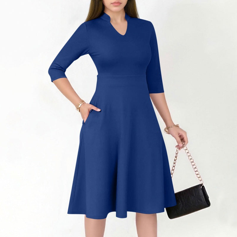 Damen A-Linien Kleid mit 3/4 Ärmeln und seitlichen Taschen Sovae