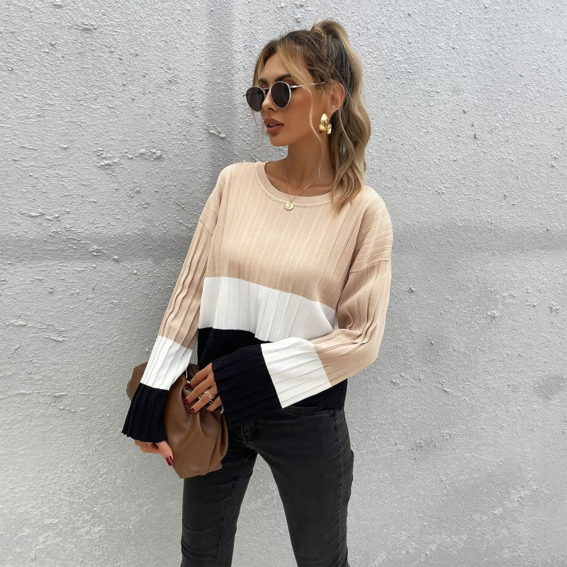 Damen Strickpullover mit modischem Blockstreifen-Design und weiten Ärmeln Sovae
