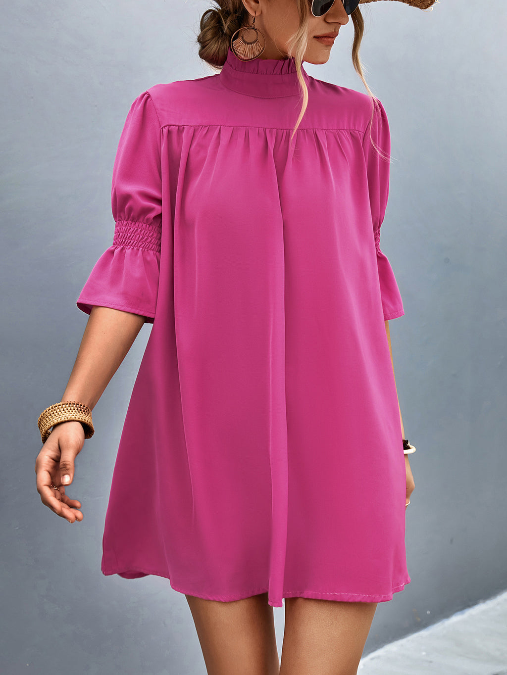 Damen Feierliches Kurzarmkleid mit Stehkragen und luftigen Ärmeln Sovae