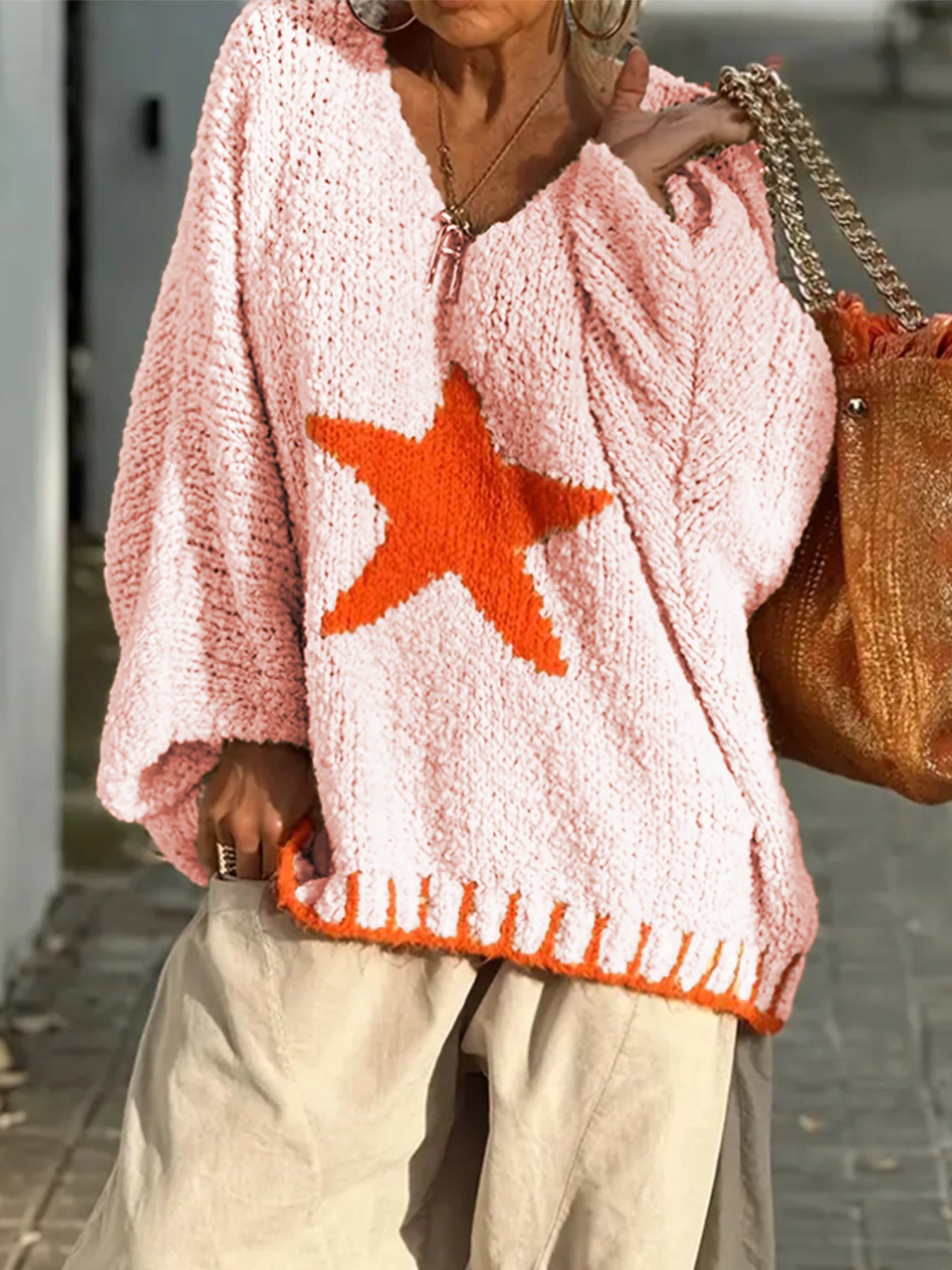 Damen Strickpullover mit V-Ausschnitt und auffälligem Sternenmuster Sovae