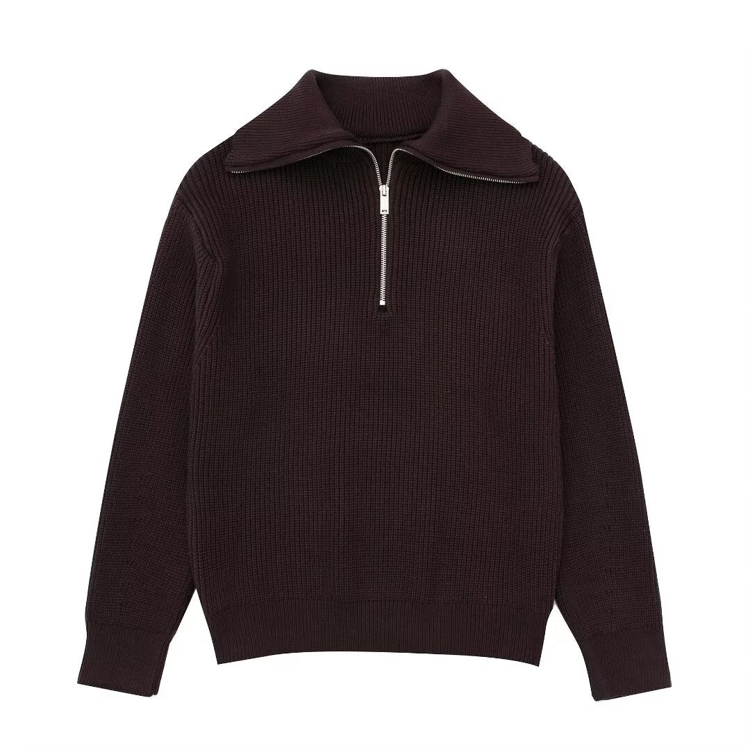 Damen modischer Strickpullover mit halbem Reißverschluss und Streifenmuster Sovae