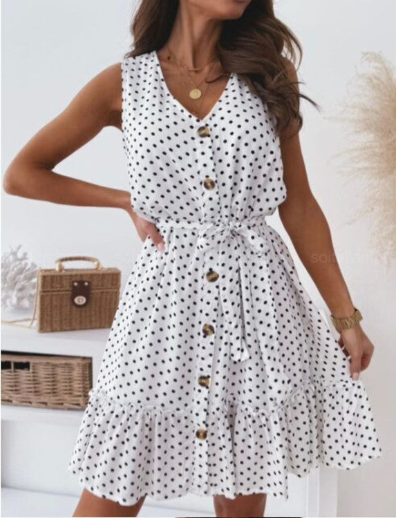 Damen Knielanges Polka-Dots Kleid mit Taillengürtel Sovae