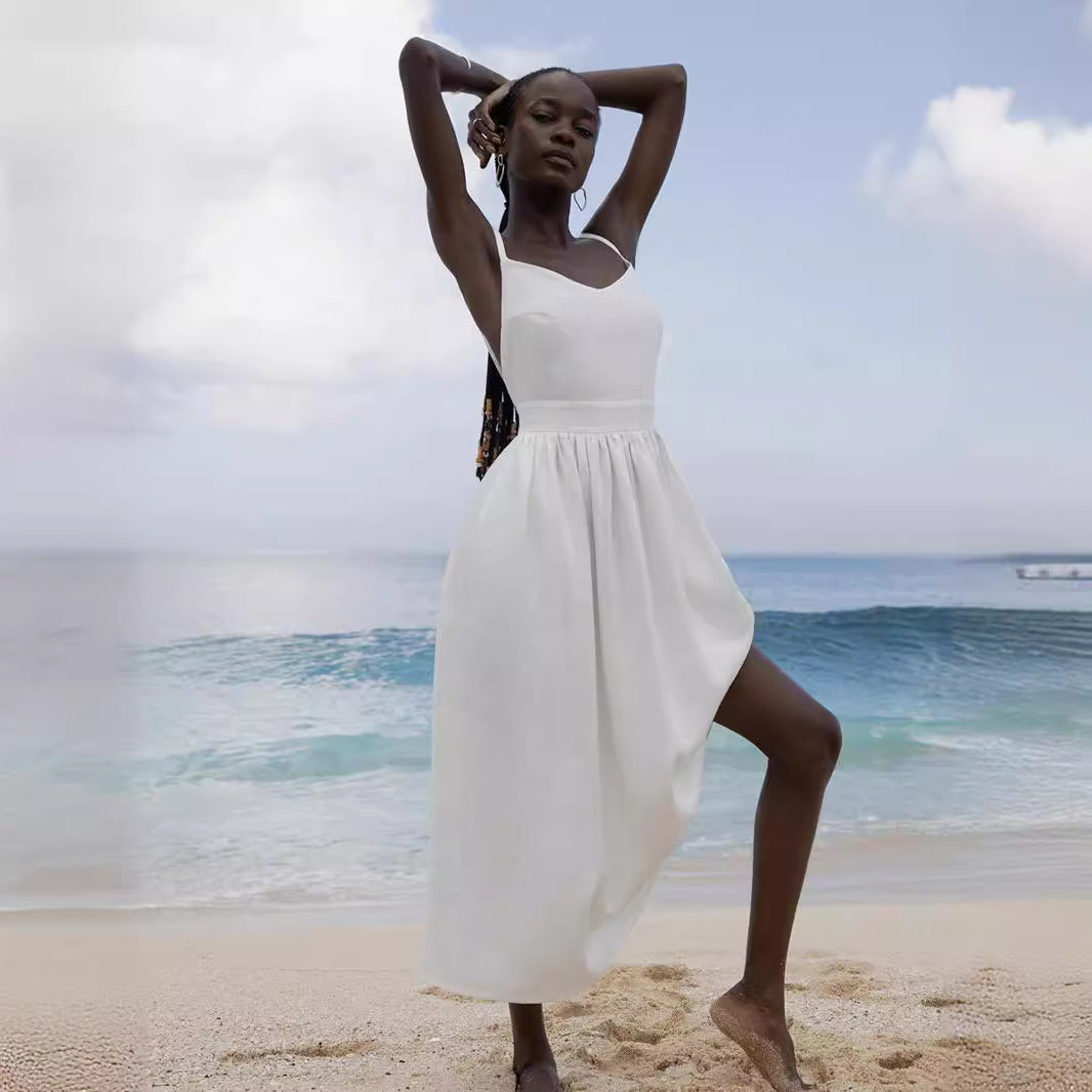 Damen Leinen Maxikleid mit verstellbaren Trägern und elegantem Schnitt Sovae