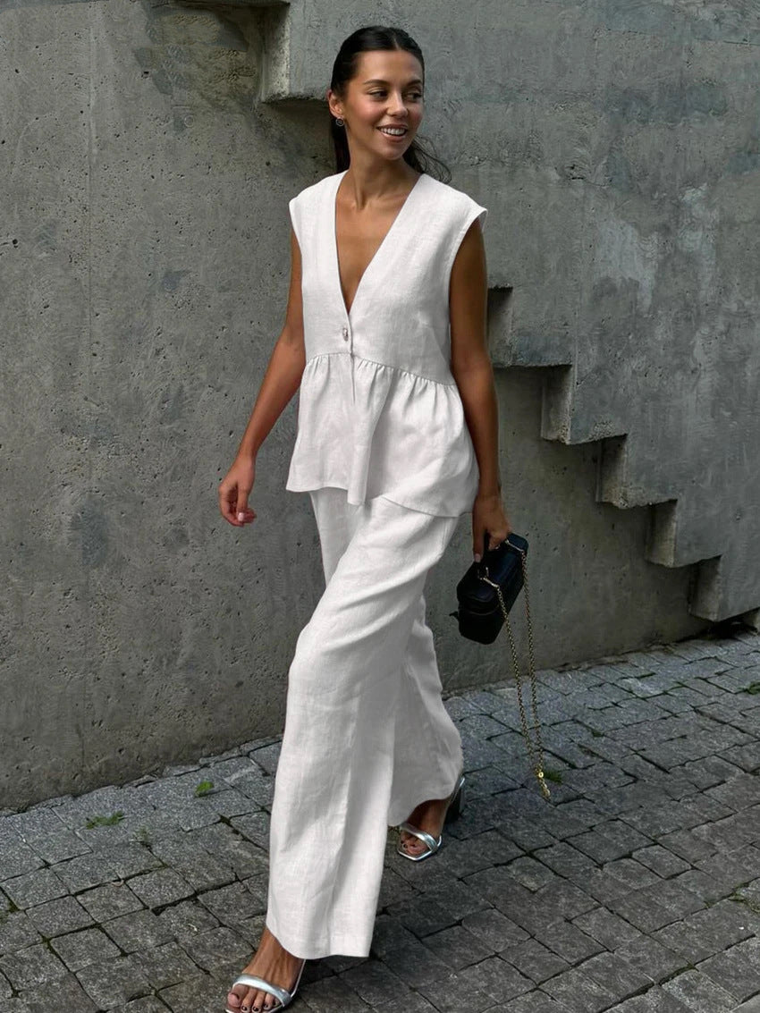 Damen eleganter und luftiger Hosenanzug mit tiefem V-Ausschnitt Sovae