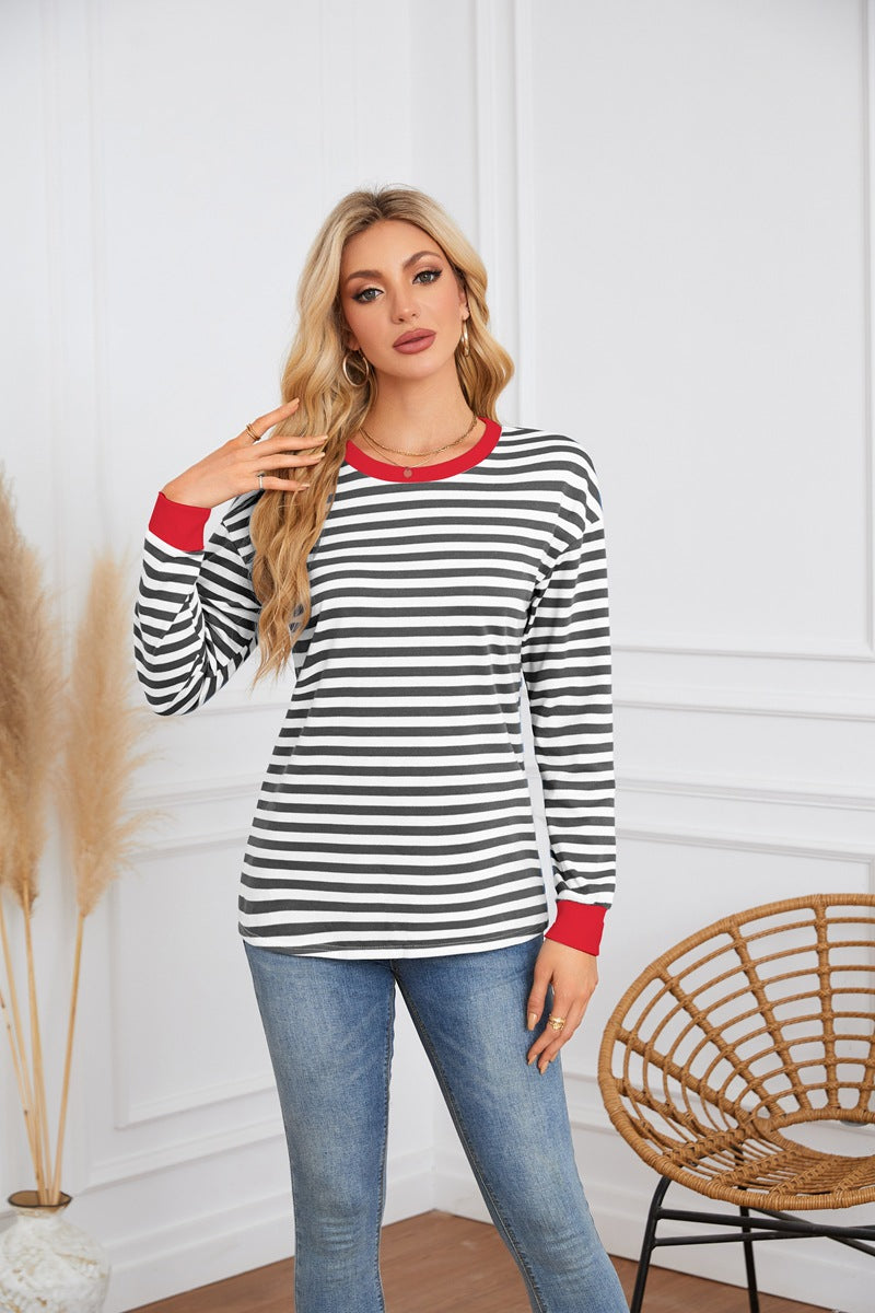 Damen gestreiftes Langarmshirt mit farblich abgesetztem Kragen Sovae